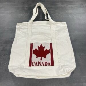 Vintage Canada Needlepoint Tote Bag‎ White Large Canvas Travel School Grocery